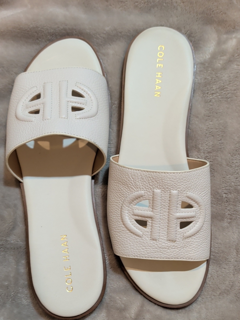 Cole Haan White Leather Slide Sandals with Embossed Logo Size 9.5